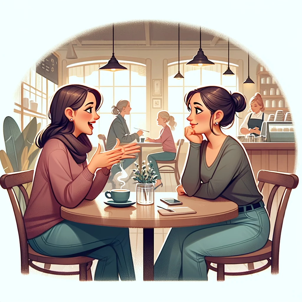 This image has an empty alt attribute; its file name is DALL%C2%B7E-2024-01-31-10.42.03-Illustration-for-a-scene_-A-Woman-Was-Telling-Her-Friend-About-Her-Husband.-The-setting-is-a-cozy-cafe-with-two-women-sitting-at-a-table-having-coff.png