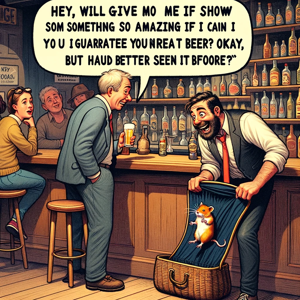 This image has an empty alt attribute; its file name is DALL%C2%B7E-2024-01-31-15.23.17-Illustration-for-a-joke_-A-Man-Walks-Into-a-Bar-he-leans-over-and-says-to-the-bartender-Hey-will-you-give-me-a-free-beer-if-I-show-you-something-s.png