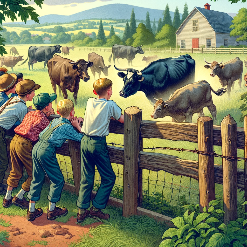 This image has an empty alt attribute; its file name is DALL%C2%B7E-2024-01-31-15.42.06-Illustration-for-a-scene_-A-bunch-of-boys-are-looking-over-the-fence-at-cows-and-bulls-when-one-cow-falls-over.-The-setting-is-a-rural-field-with-a-w.png